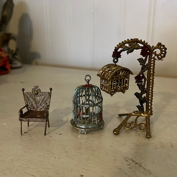Other - Antique  silver & gold filigree dollhouse furniture birdcage stand chair